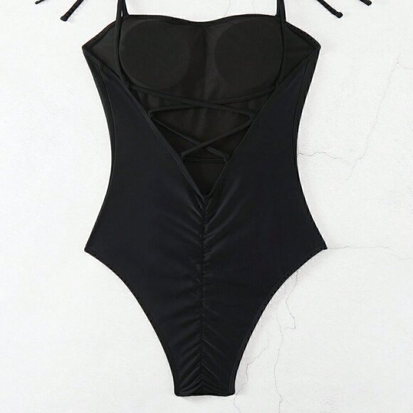 Black Vacation Style Women's Swim Summer Beach Solid Color One-Piece Swimsuit - Picture 4 of 5